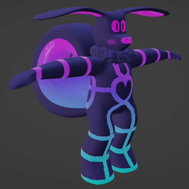 t-posing anthro creature; most of its body is a dark slightly-purple blue, but there are some stripes on the limbs and a heart pattern on the chest that are a shiny neon magenta-to-cyan gradient (which also occurs on its eyes and snout and blush lines); big goat ears half as long as the creature is tall with neon on the underside, thick limbs (regular arms and stubby hoof legs), neck fluff, almost body-size tail behind it (the inner half is neon and the outer is blue)