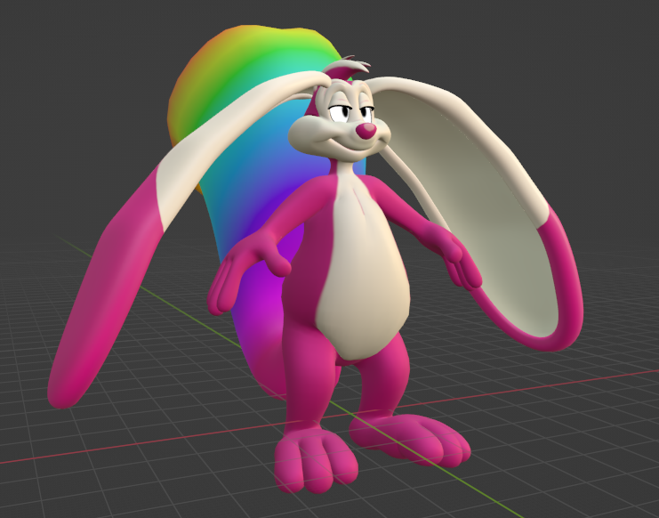 white-and-pink skunk creature with ears as tall as the rest of it and a rainbow tail