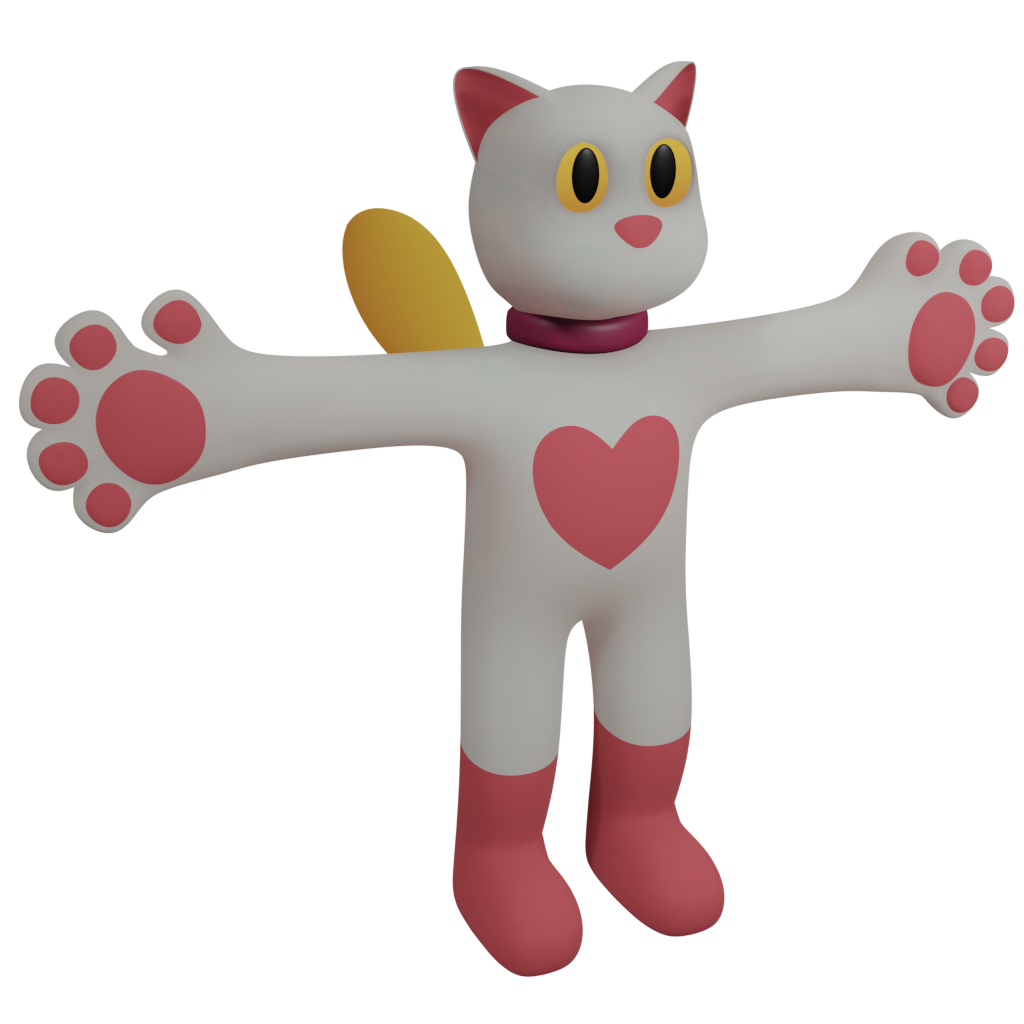 white chubby chibi anthro cat with no mouth, yellow-orange gradient eyes (with black pupils) and small butterfly-like wings, purple collar, hot pink inner ears and big heart symbol in front and hand beans and featureless foot paws