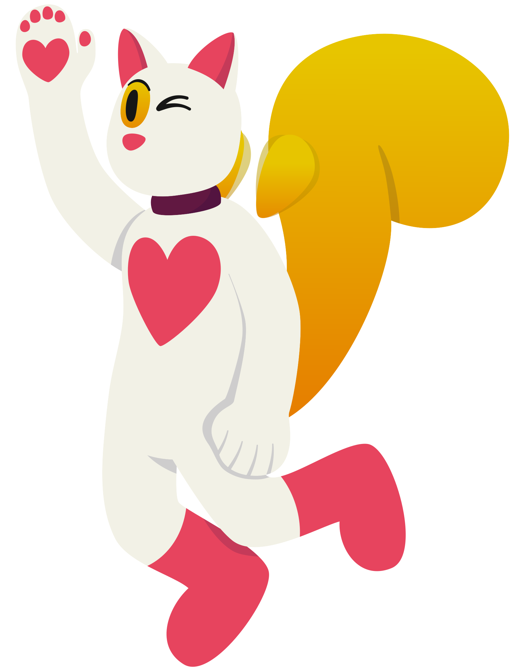 white chubby chibi anthro cat with no mouth, yellow-orange gradient eyes (with black pupils) and big squirrel-like tail and small detached teardrop-shaped wings (like on a cartoon bee), purple collar, hot pink inner ears and big heart symbol on chest and hand pawpads (main one is heart-shaped) and featureless foot paws; winking, wings fluttering, waving