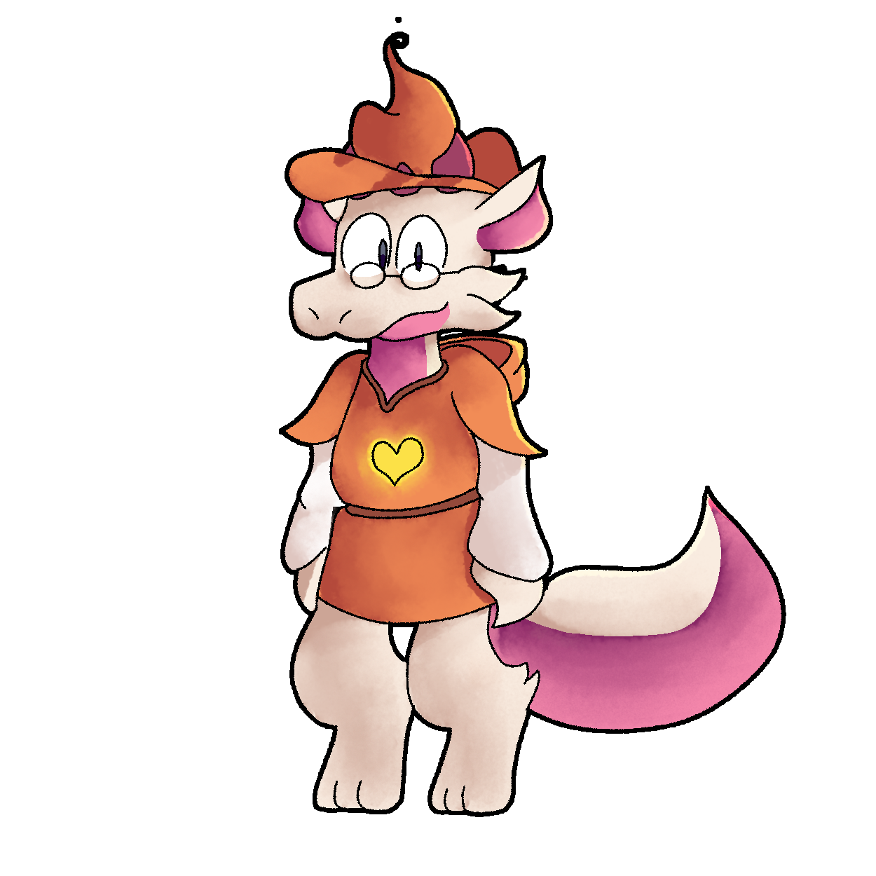 white kobold with pink countershading, wearing a leather wizard hat and robe with a glowing yellow heart