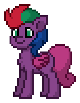 pone with purple body, green eyes, red-green-blue mane, pinkish wings and tail, subtle chest fluff