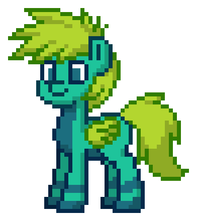 pone with bright teal body, dark teal countershading and hoof stripes and eyes, acid green spiky mane and wings and tail