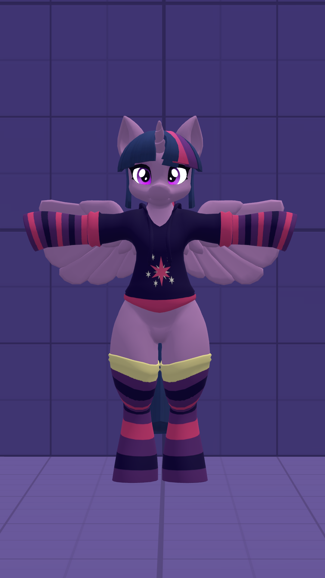 a bipedal twilight sparkle from my little pony, both winged and horned, wearing striped arm and leg warmers on her round hooves, as well as a dark purple shirt with her cutie mark, t-posing in front of a grid background