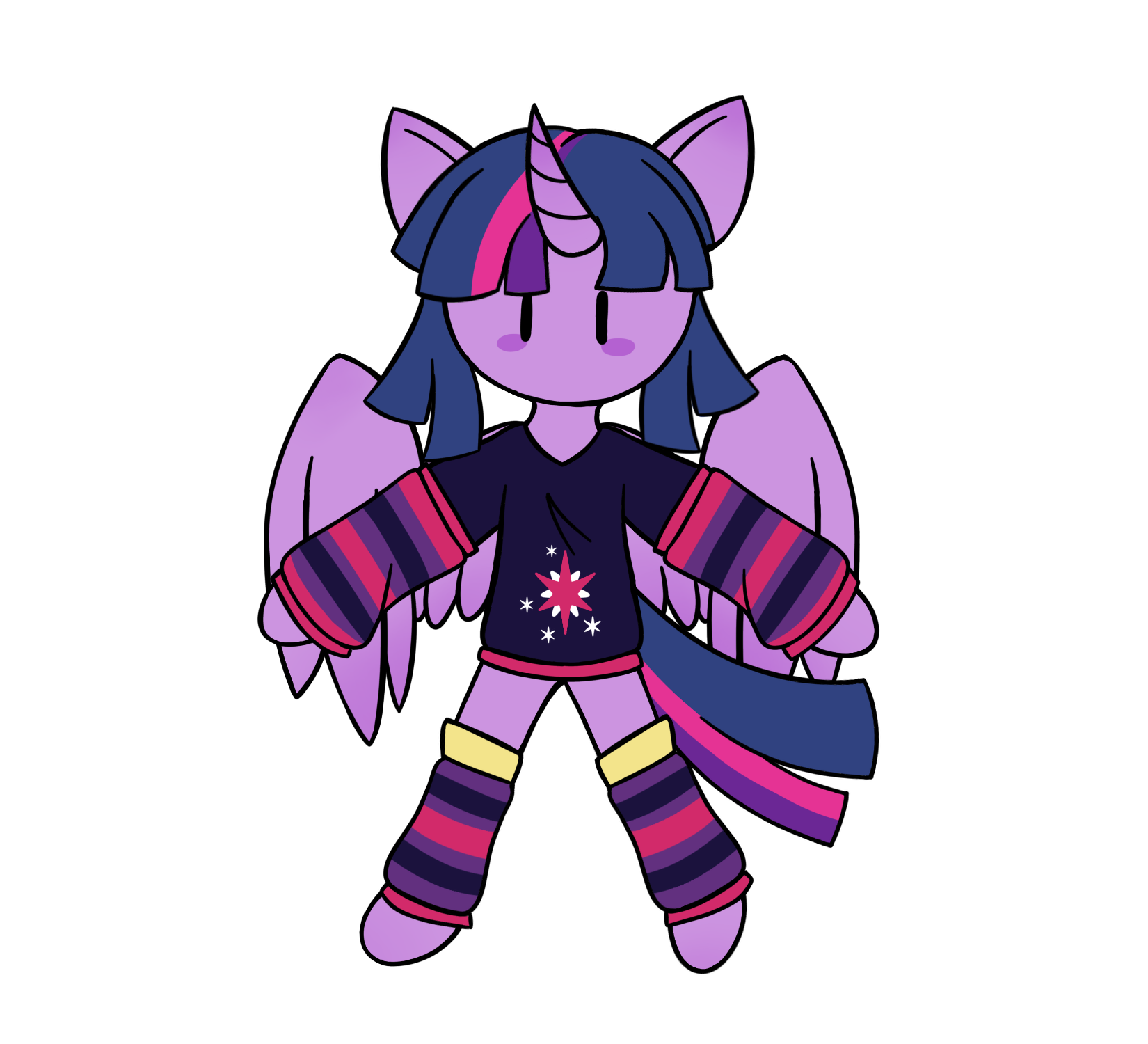 same character but drawn, a-posing, the hair stripes are oriented as in canon instead of flipped, the limb warmers keep the hooves uncovered